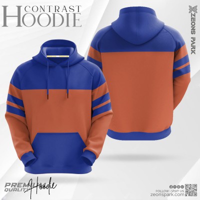 Mans Contrast Polar Fleece Hoodie Bricks & Blue Color