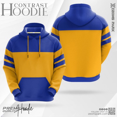 Mans Contrast Polar Fleece Hoodie Blue & Mustard Color